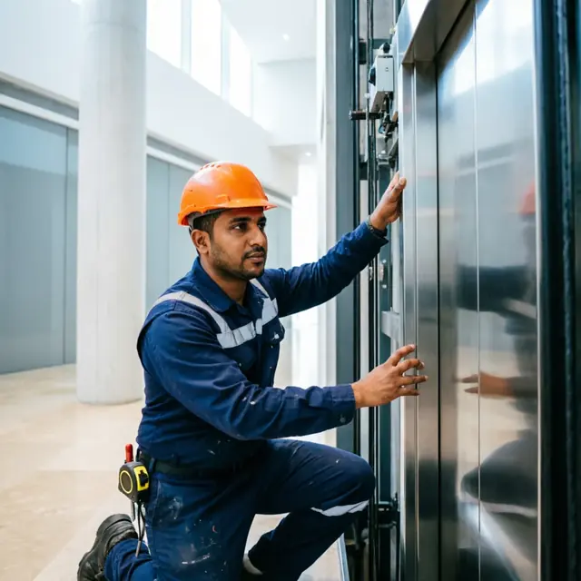 فني يركّب مصعد كهربائي حديث بالرياض — elevators.sa